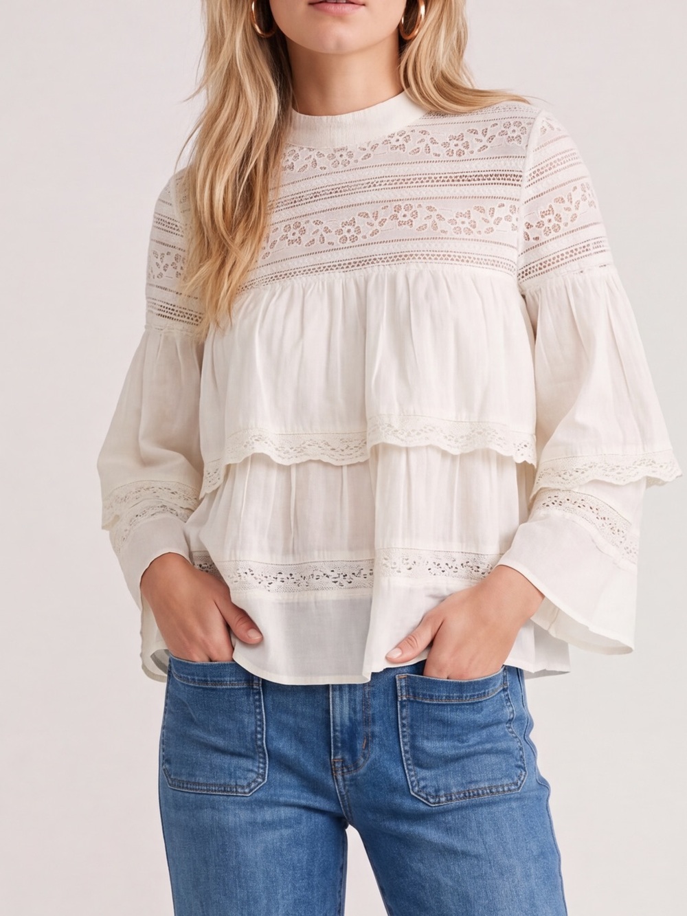 Cklass Lace Tiered Boho Ruffle Blouse peasant top Cottagecore Cotton